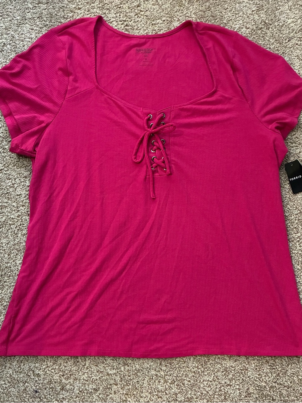 Torrid Super Soft Rib V-Neck Lace-Up Top Pink Plus Size 5 / 5X